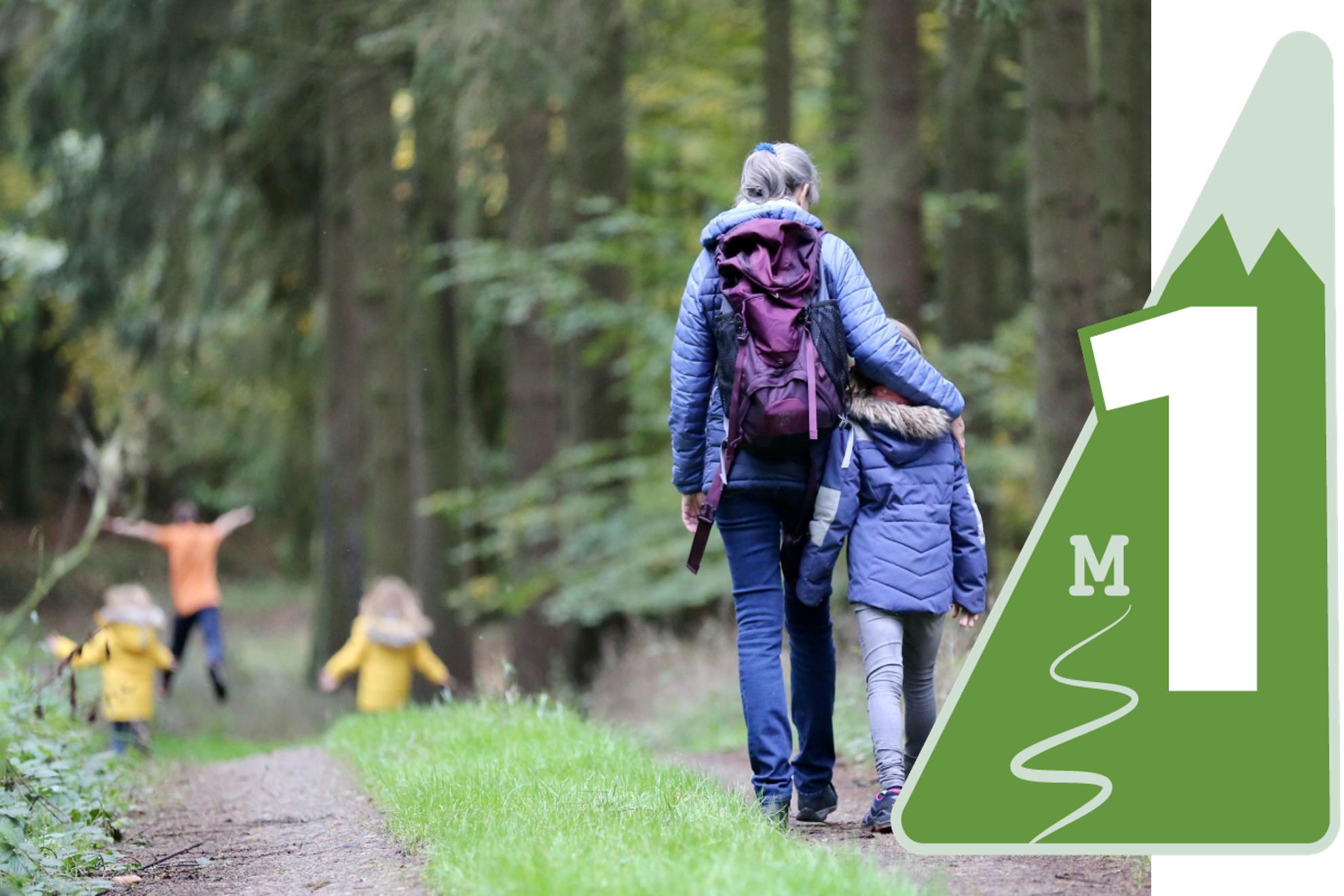 A Family Hiking In The Woods Overlayed With A 1