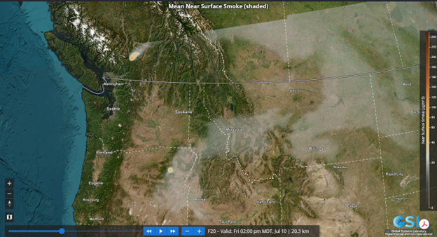 A map of Washington, Oregon, Idaho and Montana of forecasted wildfire smoke