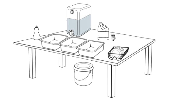 Ware washing table with water dispenser and 3 bins for wash, rinse and sanitize. Bottle of bleach and bucket under the table