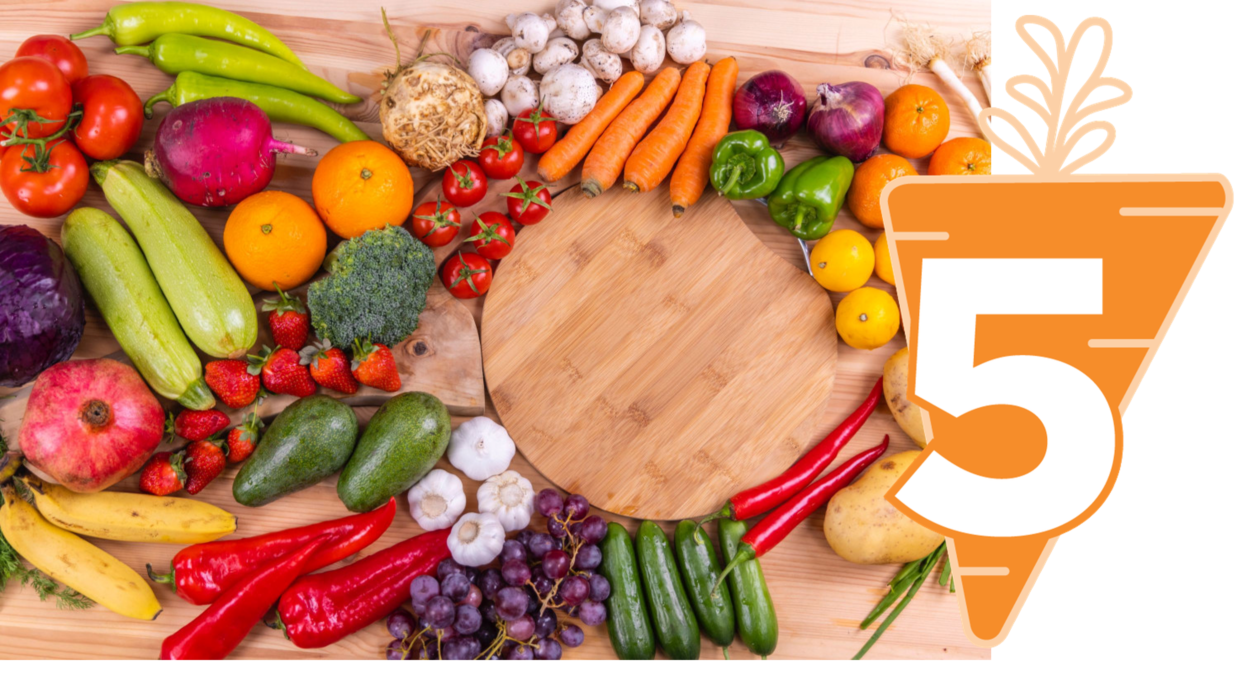 Cutting Board With A Variety Of Fruits And Vegetables Overlayed With A 5