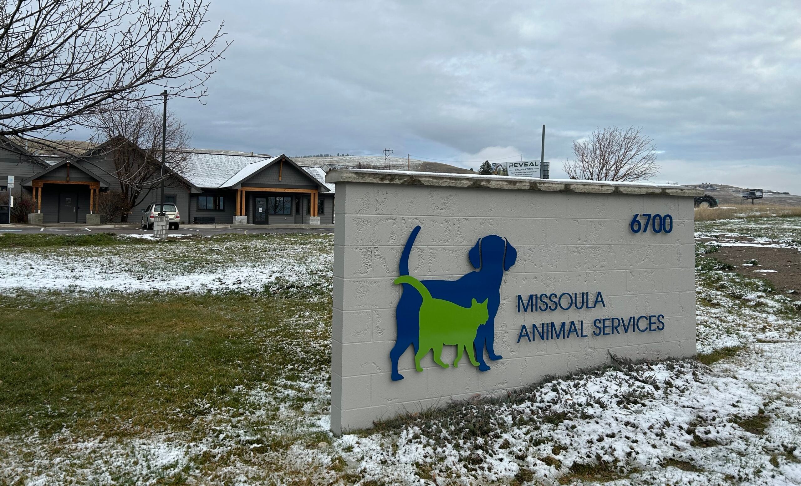 The front of the shelter with a sign in front that says, "Missoula Animal Services."