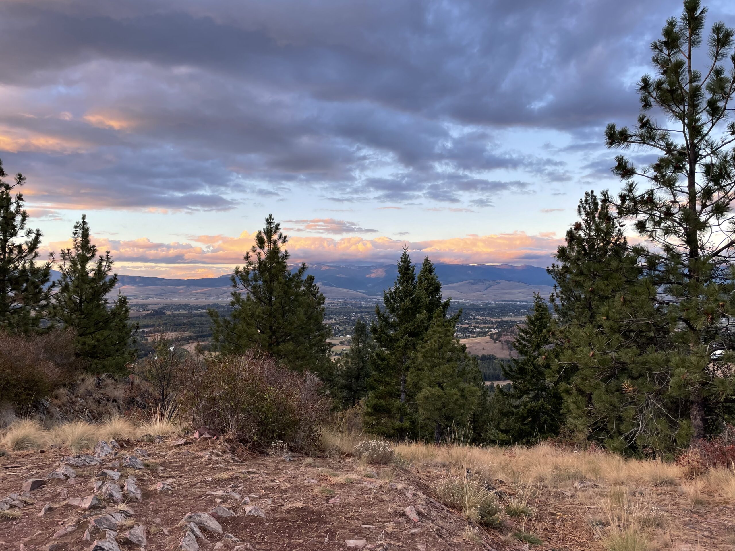 Scenic sunset looking from Blue Mountain toward Lolo with trees and the Bitterroot River in the foreground