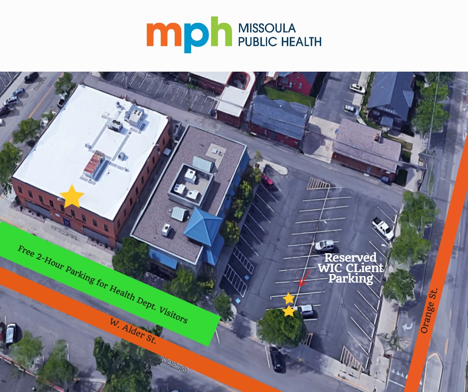 Map showing the Missoula Public Health building and where to park.