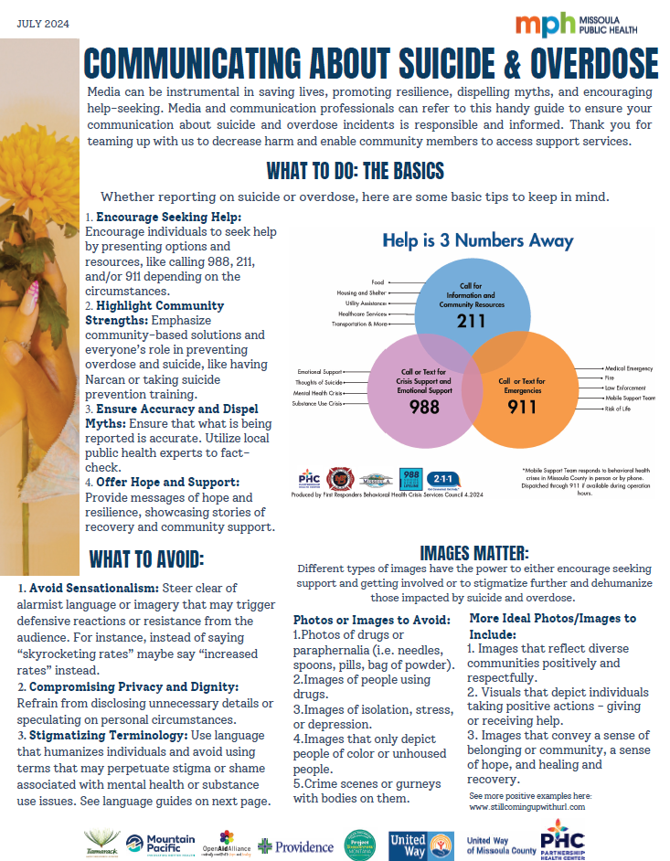 Photo is a snapshot of a media guide for reporting on suicide and overdose. For a screen reader accessible version, please use the button to view the full PDF.