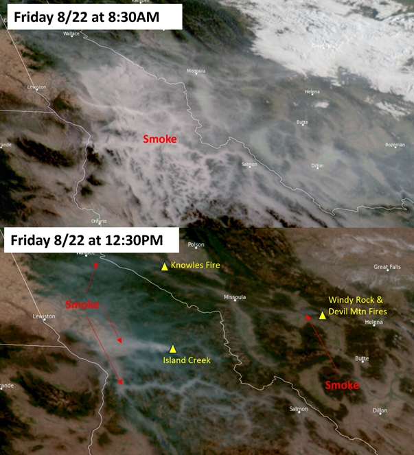 Picture of satellite imagery of wildfire smoke on August 22, 2025.