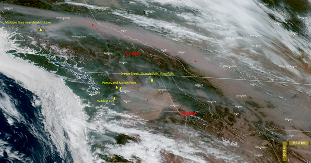 Satellite imagery showing wildfire smoke across the northwest including Canadian and Washington smoke.