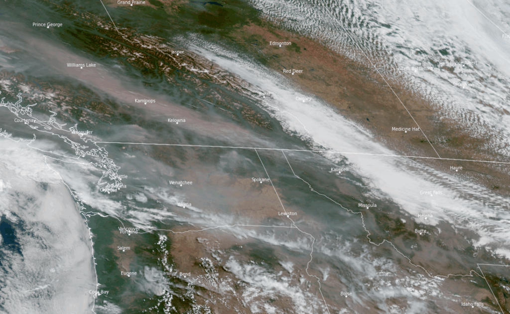Satellite imagery of the northwest showing wildfire smoke from Canada. 