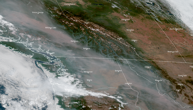 Satellite imagery of the northwest showing smoke from Canada. 
