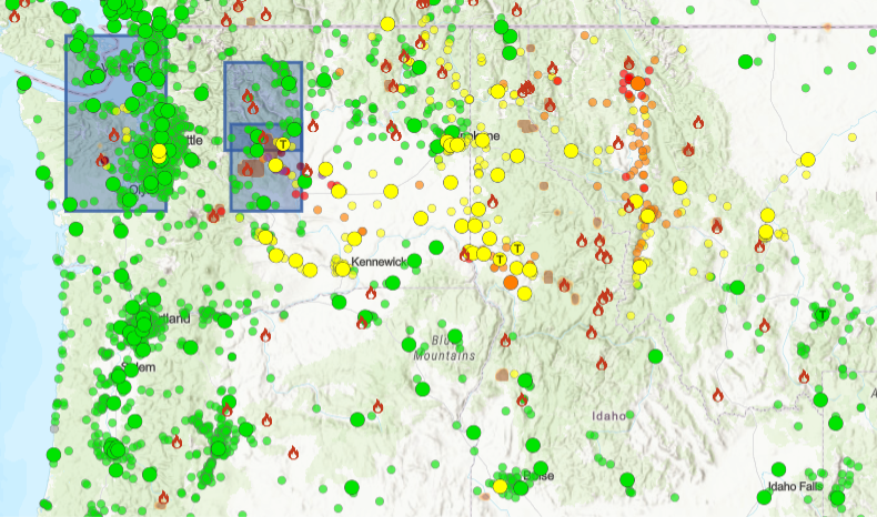 Screenshot of air quality from Washington to Montana. 