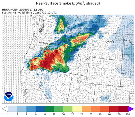 HRRR-NCEP smoke model showing smoke forecast over western Montana at 6 AM on Sunday morning.