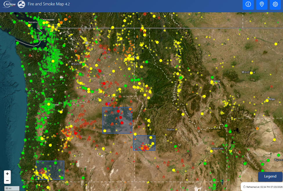 EPA Fire and Smoke Map showing Good to Moderate air quality in Missoula County and poor air quality in eastern Oregon and eastern Washington.