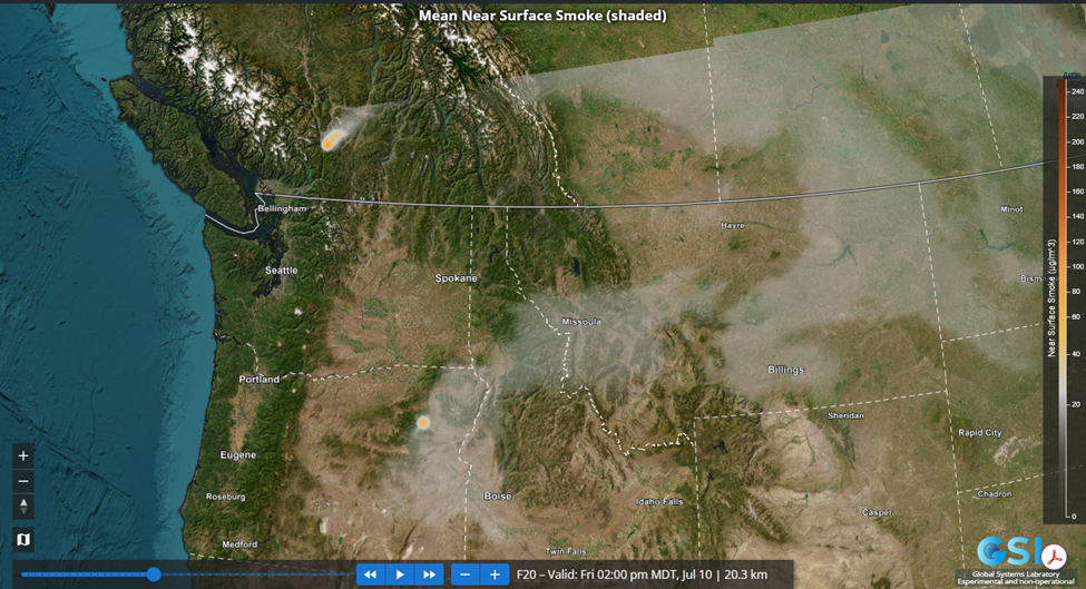 A map of the Pacific North West showing forecasted wildfire smoke.