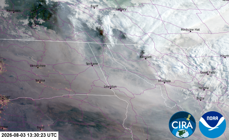 GOES West Satellite Imagery over northwest US at 7:00 am on August 3, 2026. 