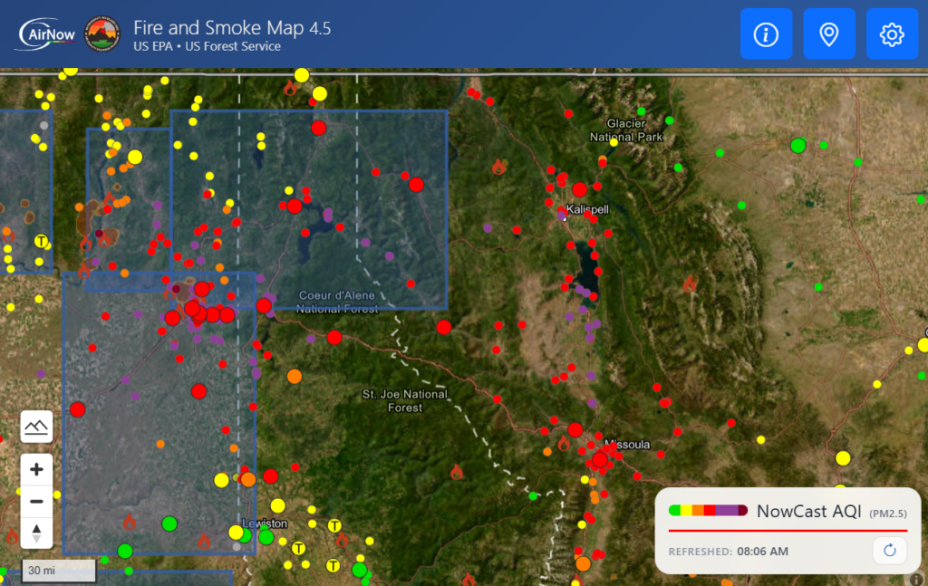 EPA Fire and Smoke Map showing Unhealthy air quality across Missoula County.