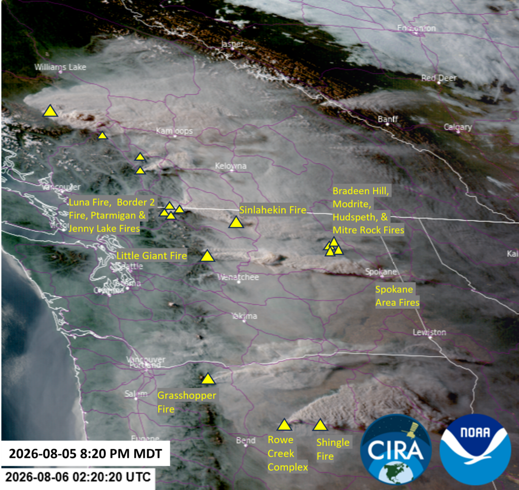 Satellite imagery of wildfire smoke over northwest US.