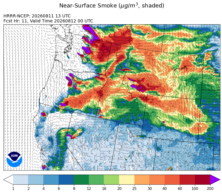 HRRR Near-Surface Smoke forecast for 6:00 p.m. on August 11, 2026. 