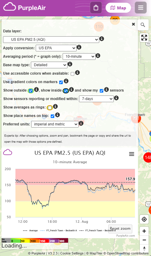 The Purple Air Map with the US EPA conversion factor applied.
