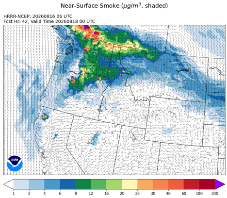 HRRR Model Near-Surface Smoke forecast for 6 PM on Monday, August 17th showing Good to Moderate air quality across Missoula County with some smoke impacts from the Moose Mountain Fire.