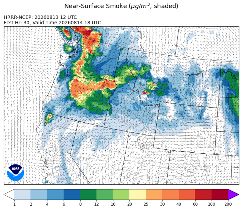 HRRR weather model near-surface smoke forecast showing Good to Moderate air quality in Missoula County at noon on Friday, August 14th.
