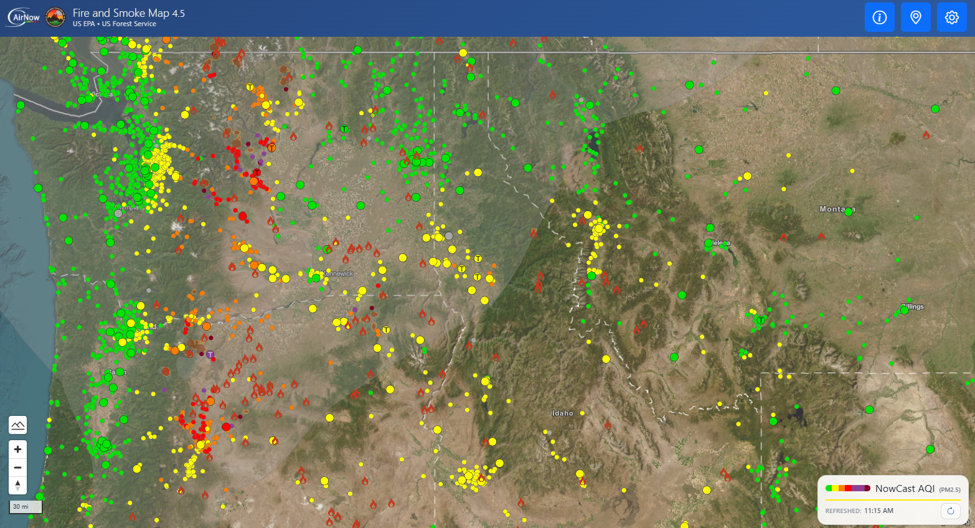 Current air quality conditions from the EPA Fire and Smoke Map as of 11:15 AM on Friday, August 14th.