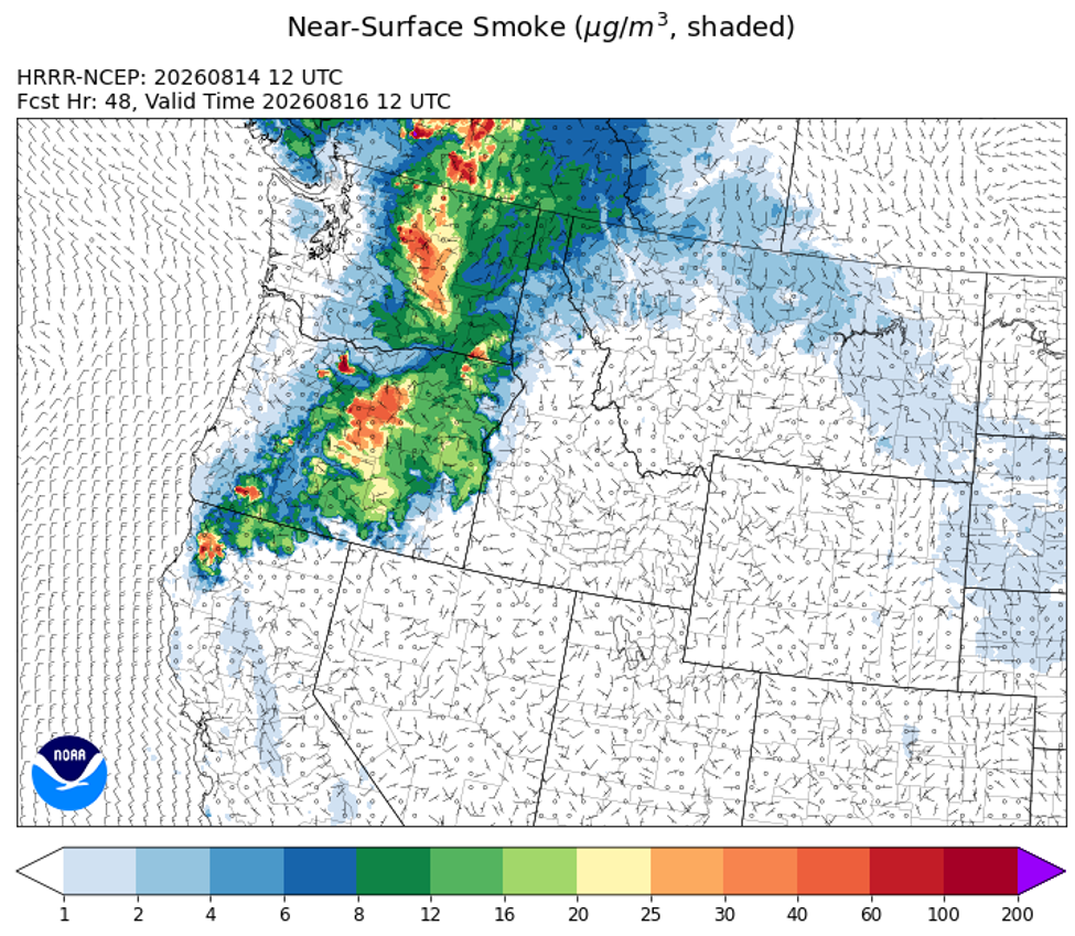 HRRR Model Near-Surface Smoke forecast for 6AM on Sunday, August 16 showing Good air quality across Missoula County.
