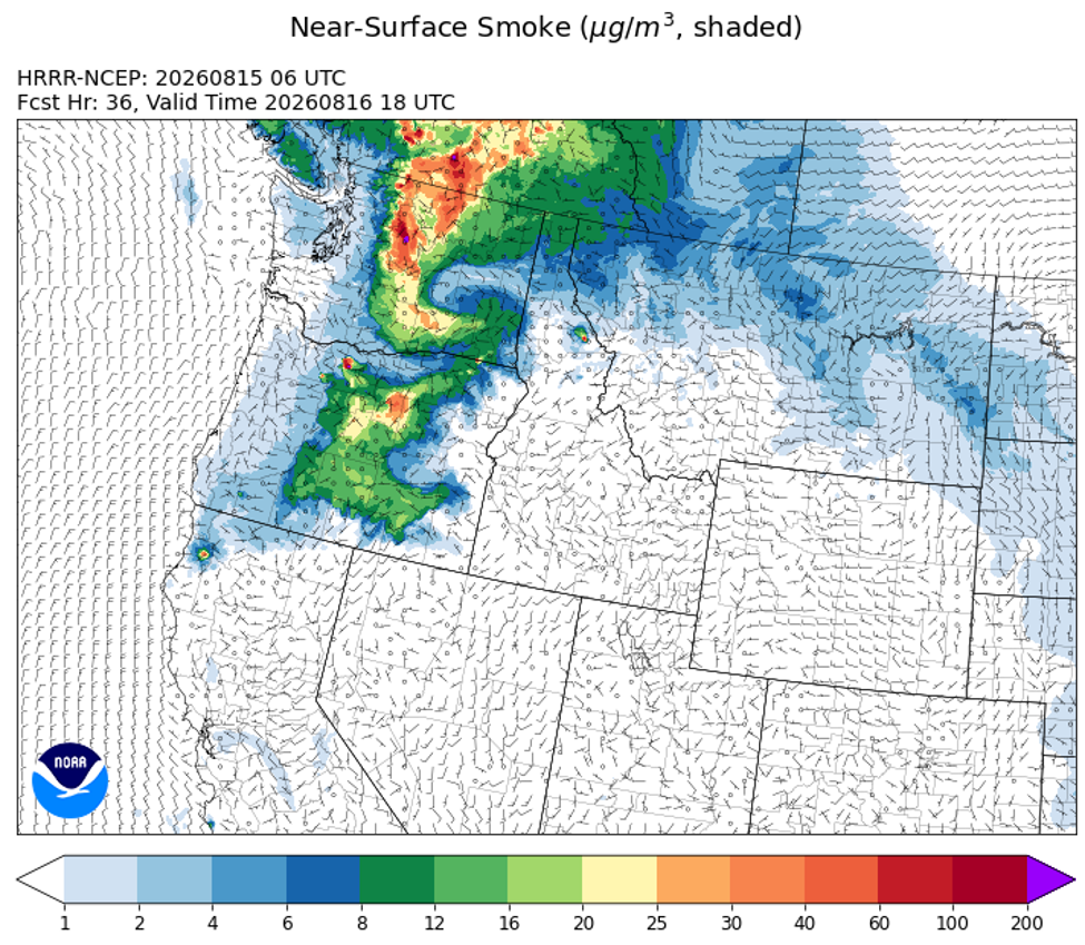 HRRR Model Near-Surface Smoke forecast for noon on Sunday, August 16th showing Good air quality across Missoula County.
