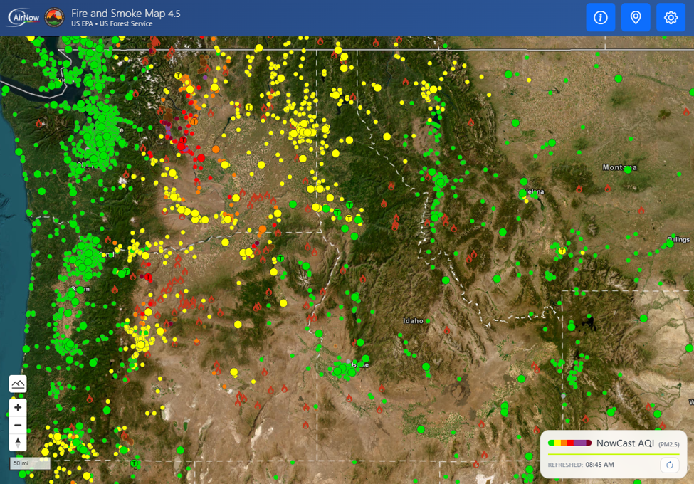 Current air quality conditions from the EPA Fire and Smoke Map as of 8:45 AM on Sunday, August 16th showing Good air quality for Missoula County.